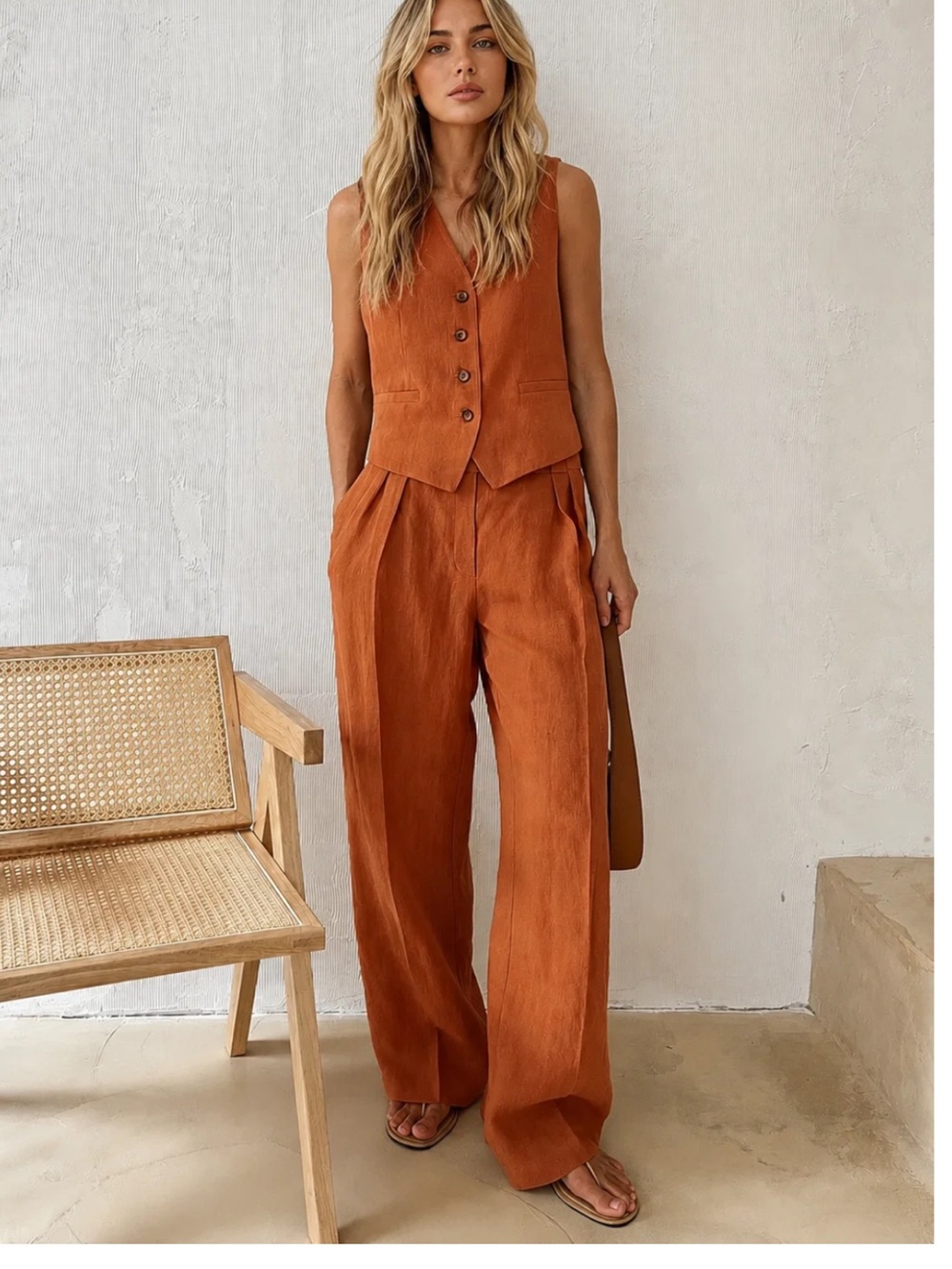 Commense Terracotta Wide-Leg Linen Vest & Trousers Set Size Large